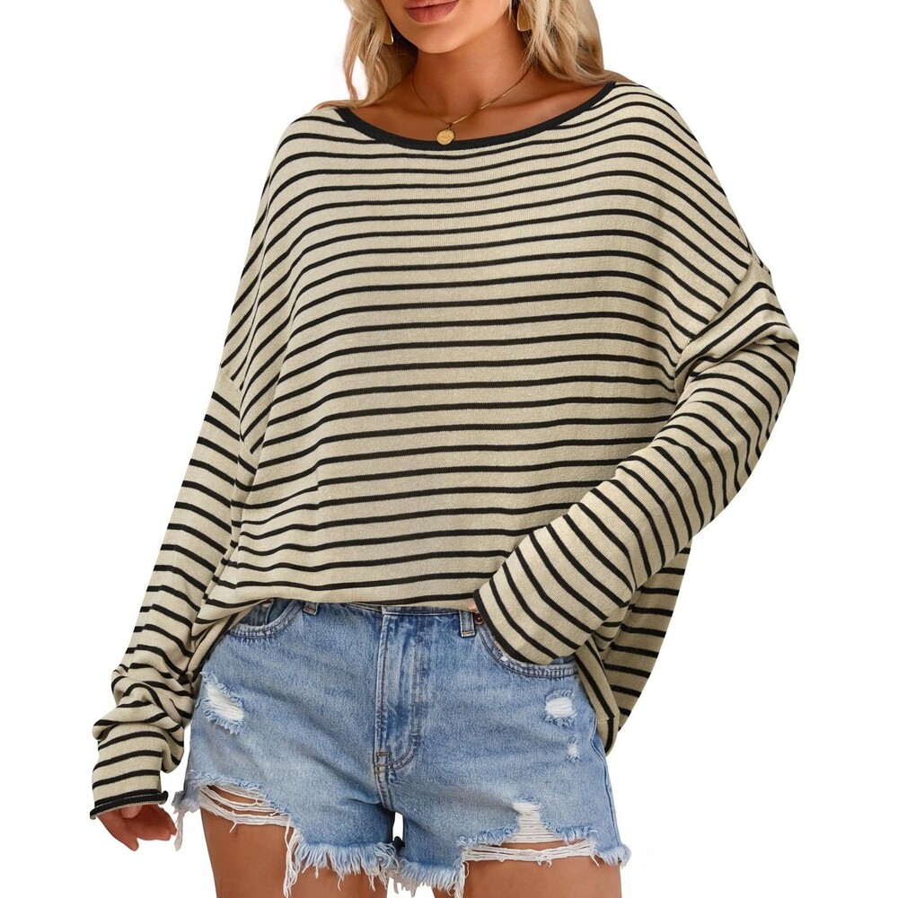 Arach&Cloz Women's Linen Blend Striped Boat Neck Oversized Beach Cover Up Top